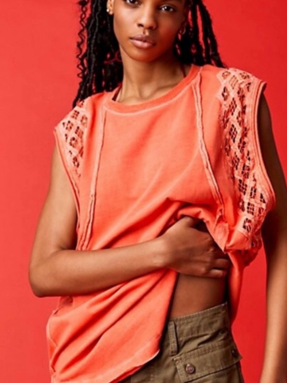 Free People Coral Table for Two Lace-Trim Muscle Tee